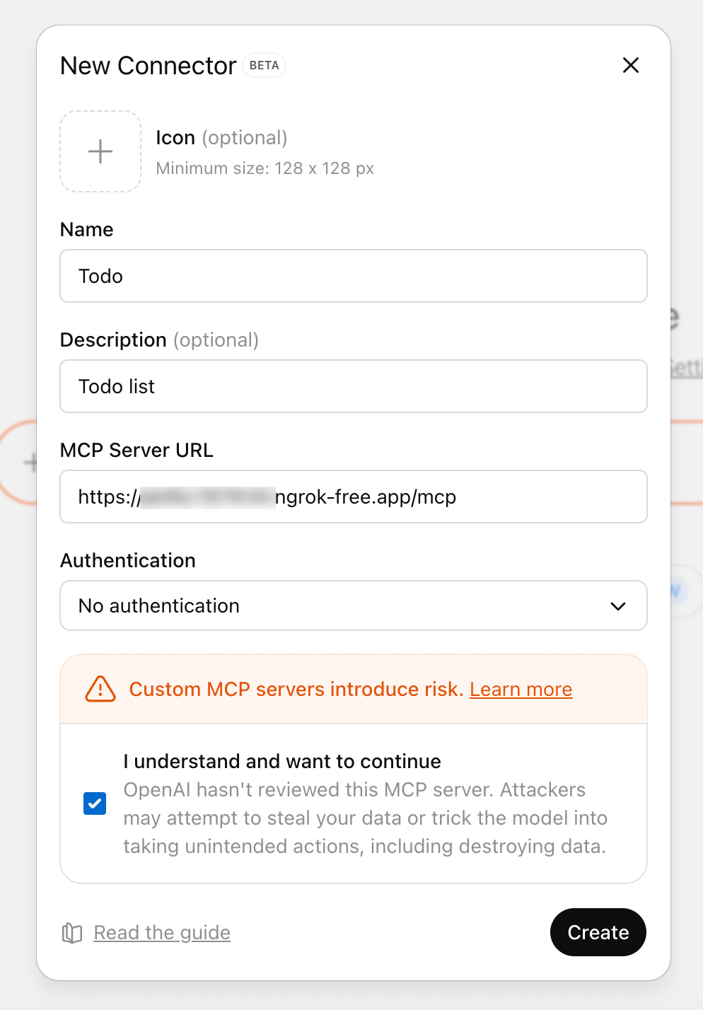 ChatGPT 公式の MCP 接続追加画面の例